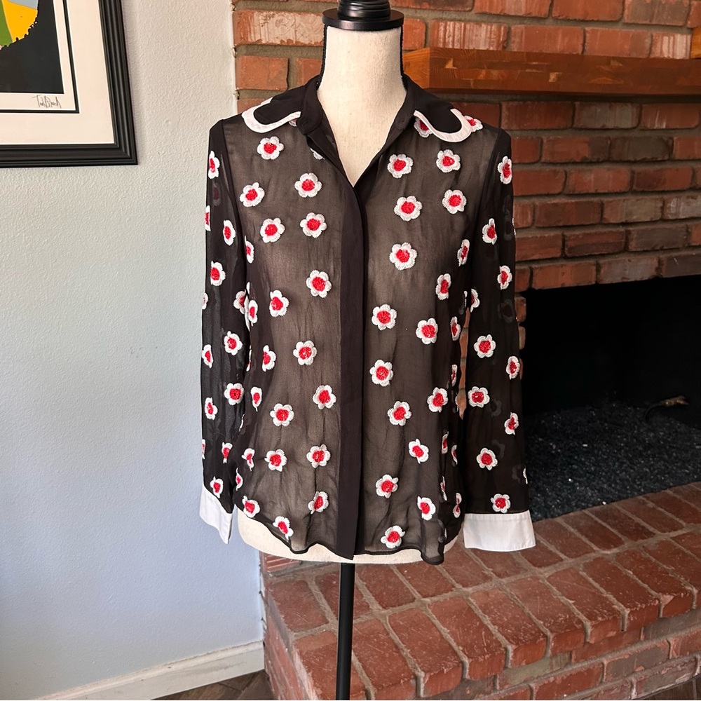 Alice + Olivia Willa Floral Embellished Scalloped Collar Placket Top Black Sz S - Picture 5 of 15